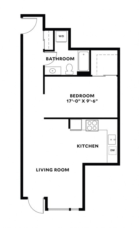 Floor plan for 1 bed, 1 bath, 672 sqft